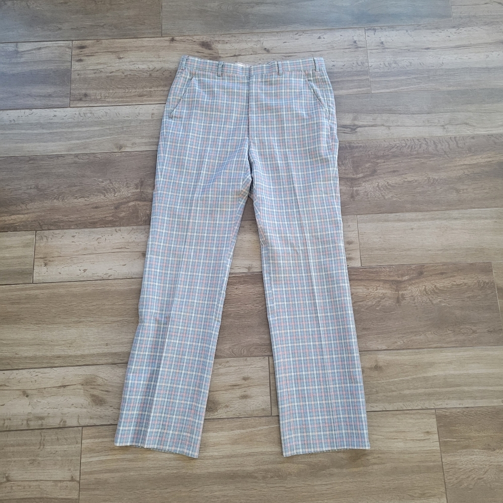 Vintage Majer Slacks Pants Trousers 34x33 Green Straight Leg Gray Pastel Plaid
